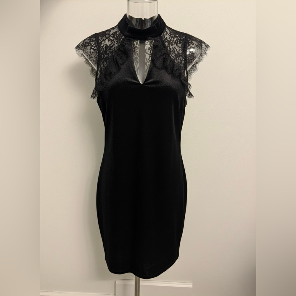 White House Black Market Dress 8 Crushed Velvet Sheath Black High Neck